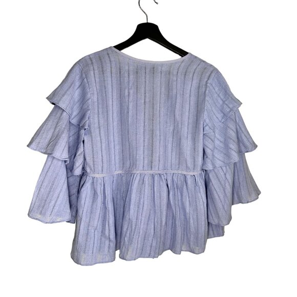 English Factory Blue Layered Cotton Tie Front Pom Pom Blouse S - Picture 5 of 8